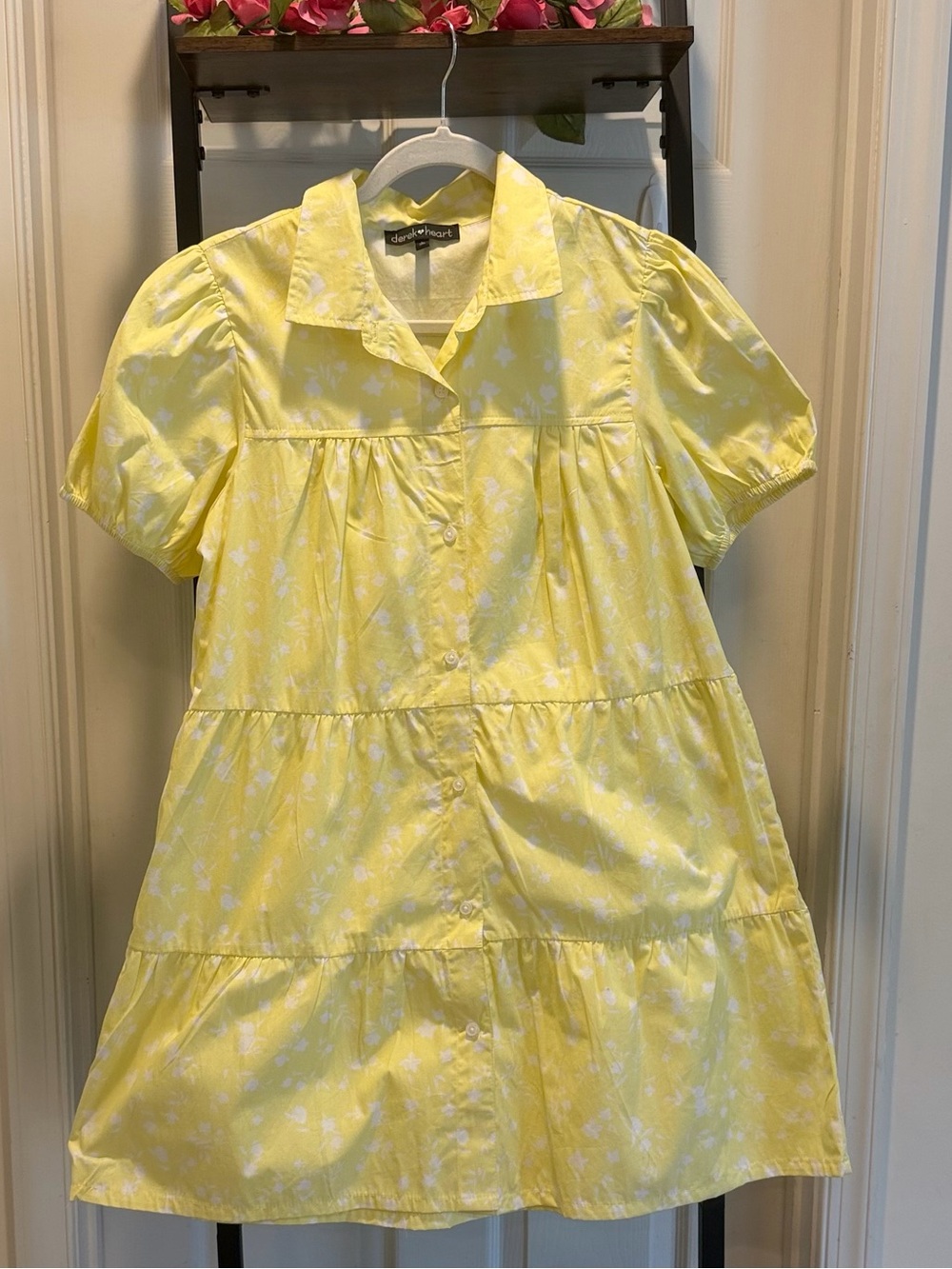 Derek Heart Cotton Yellow and White Floral Button-Front Puff Babydoll Dress - Picture 14 of 14